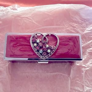 Fashionable Lipstick Case Holder with Mirror - Pink Heart & Faux Rhinestones …